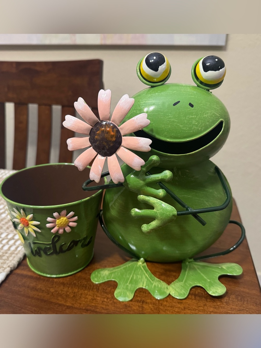 Green Metal Frog Planter with Pink Flower